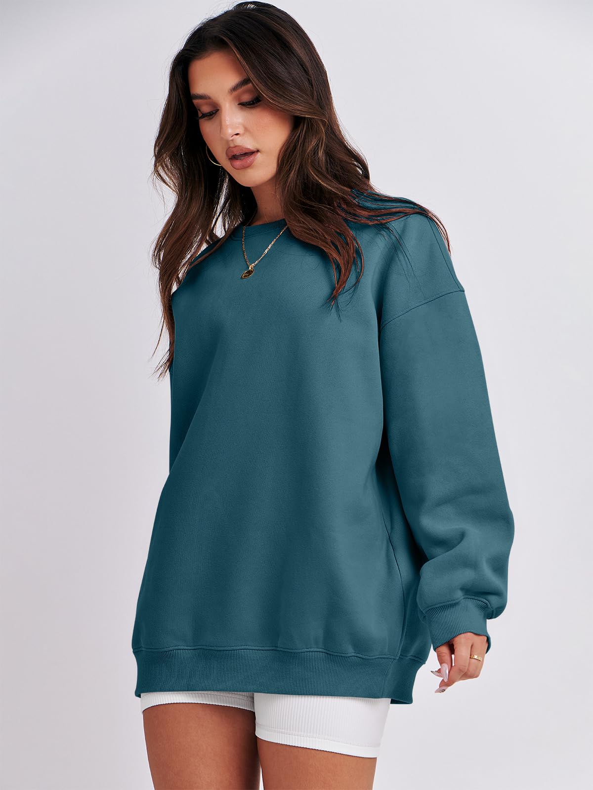 Damskie bluzy oversize bluzy z kapturem polar okrągły dekolt sweter top codzienne jesienne stroje preppy ubrania nastolatki 2024 A1019 światło, Jeden kolor, Lake Blue_XL