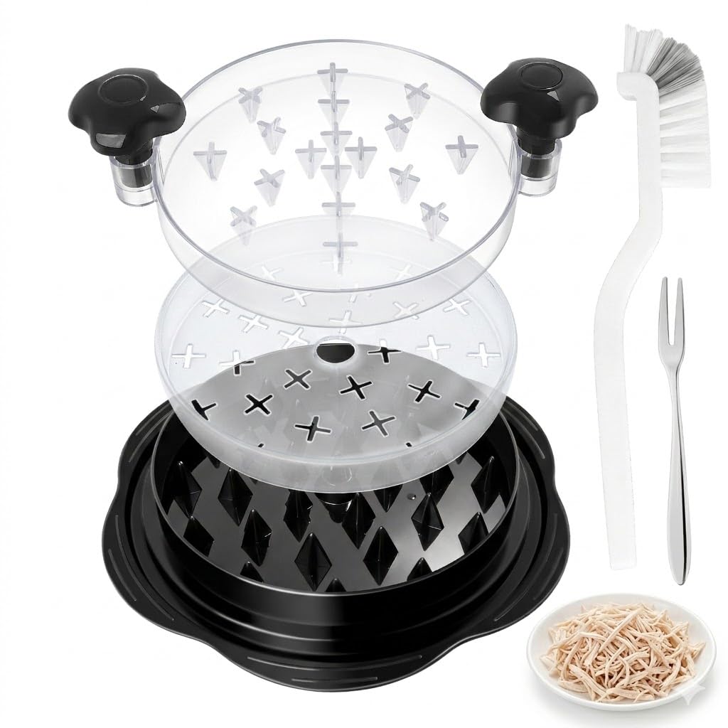 Chicken Shredder Tool Twist – 3-Tier Meat Shredder with Detachable Tray & Non-Slip Base, BPA-Free Food-Safe Kitchen Gadget for Chicken Breast, Pork, and Meal Prep. Includes Cleaning Brush & Fork