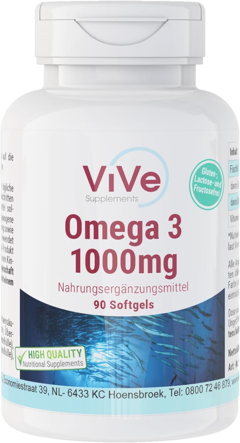 Omega 3 1000 mg   90 Softgels   Omega 3 from Fish Oil   with EPA DHA and Vitamin E   High Dose   Quality from Germany ViVe Supplements