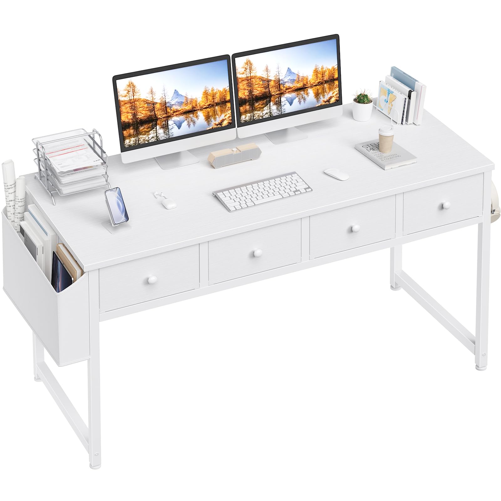 lufeiya 47 inch white computer desk with fabric drawers for home office bedroom, vanity desk with drawer storage and side pouch, study writing table, white