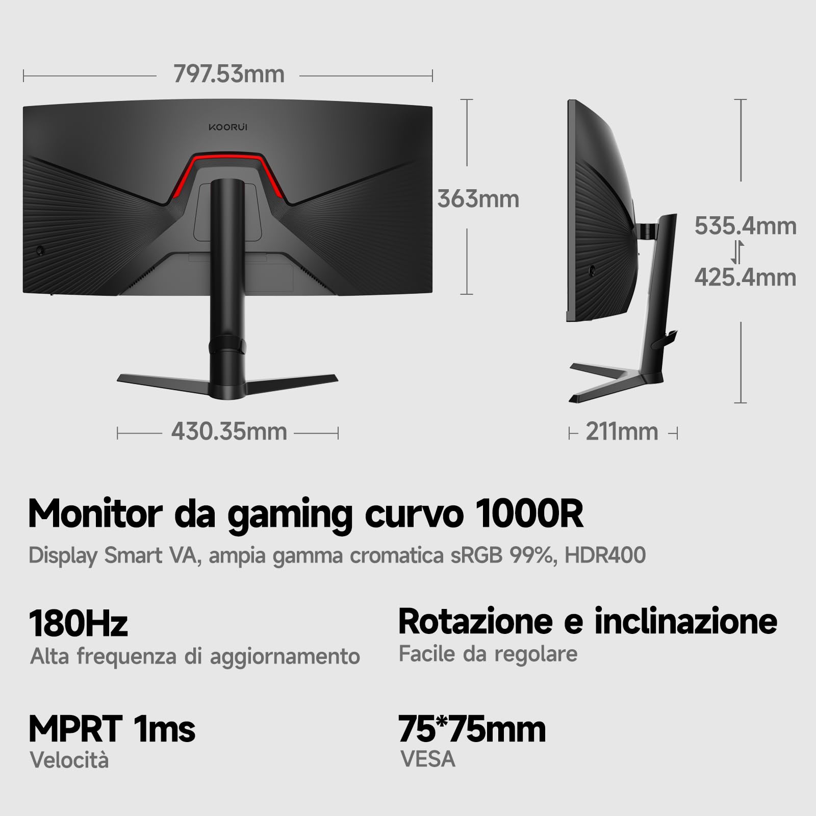 KOORUI Monitor da gioco curvo(R1000) da 34 pollici | Pannello VA WQHD 3440×1440, 180 Hz + 1 MS MPRT, HDR400 + 99% sRGB, supporta la regolazione dell'altezza di 110 mm, nero