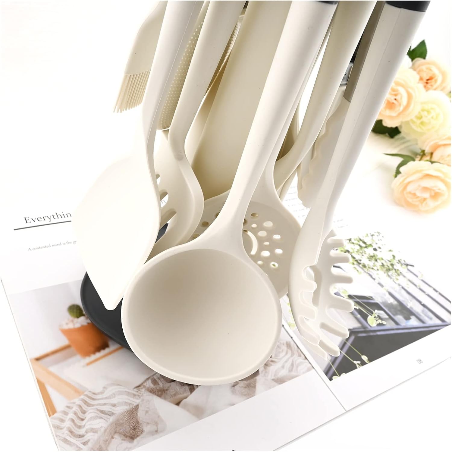 Silicone Cooking Utensil Set 7/13Pc Spatula Soup Spoon Brush Ladle Pasta Colander Non Stick Cookware Set Kitchen Home Tools leisurely (Color : White 13PCS)