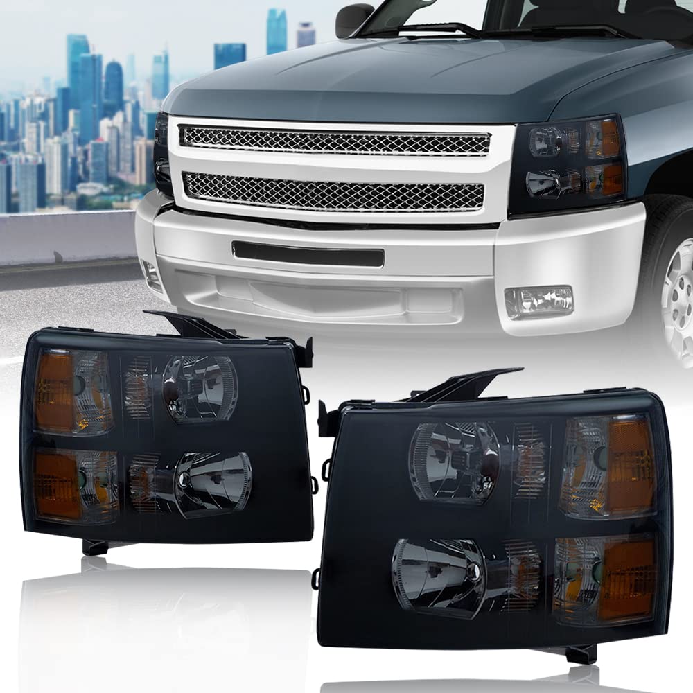 G-PLUS Headlights Assembly, Fit Chevy Silverado 2007-2013/Fit Chevy Silverado 2500 HD 3500 2007-2014 Bumper Headlamps, Smoky Lens Black Housing Amber Reflector 22853027,GM2503280,faros delanteros