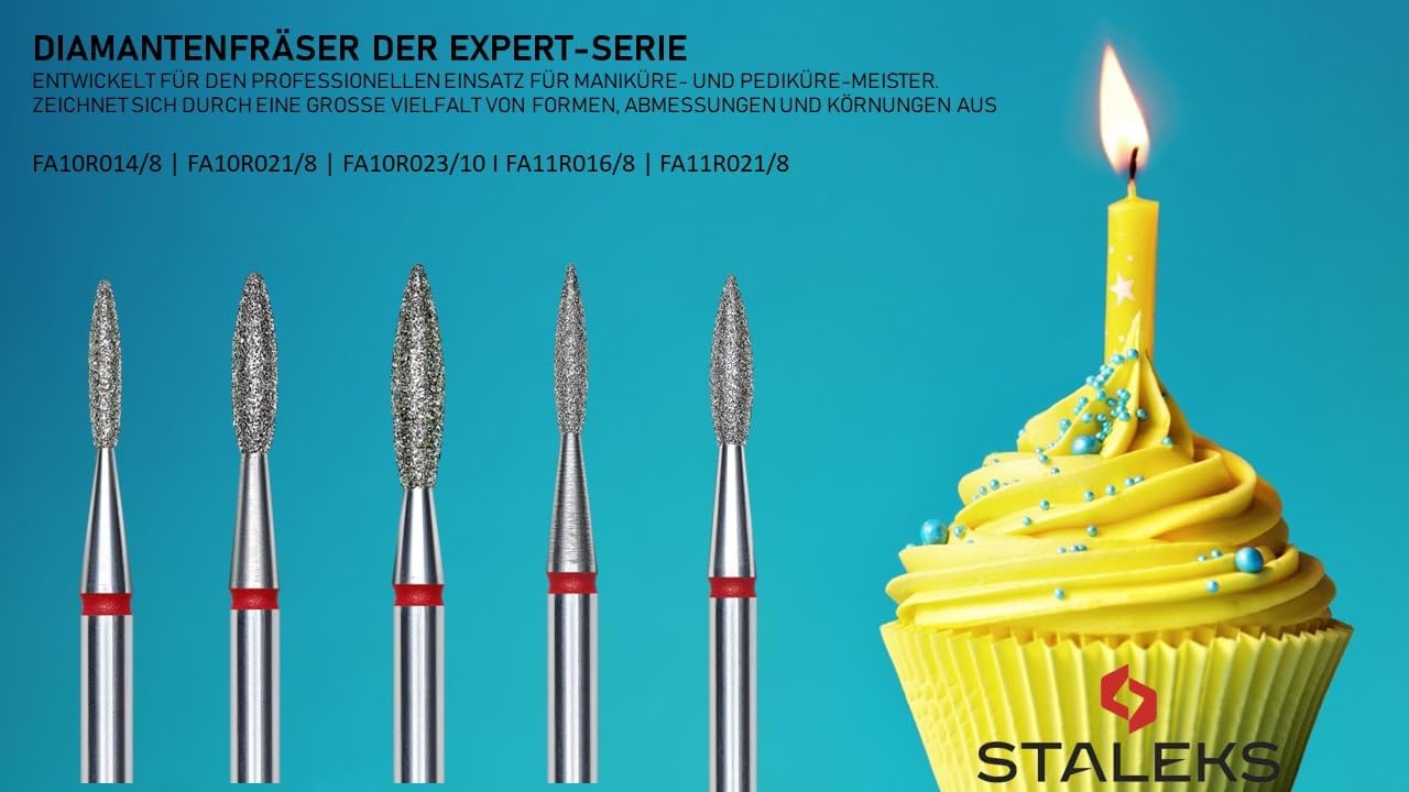 STALEKS PRO - Punta diamantata – Fiamma affilata (anello rosso) I kit di scarico per unghie I kit di levigatura per levigatrici elettriche, punta per manicure e pedicure (FA11R021/8)