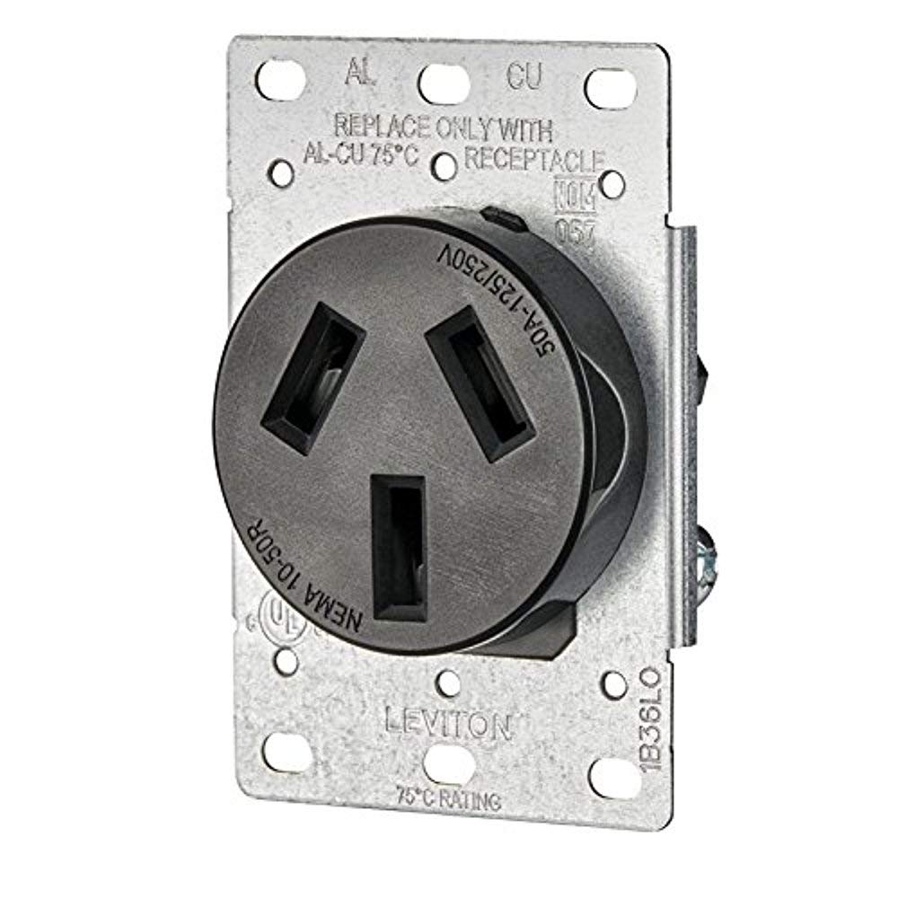 Leviton 5206-S10 50 Amp, 125/250 Volt, NEMA 10-50R, 3P, 3W, Flush Mounting Receptacle, Straight Blade, Industrial Grade, Non-Grounding, Side Wired, Steel Strap, Black