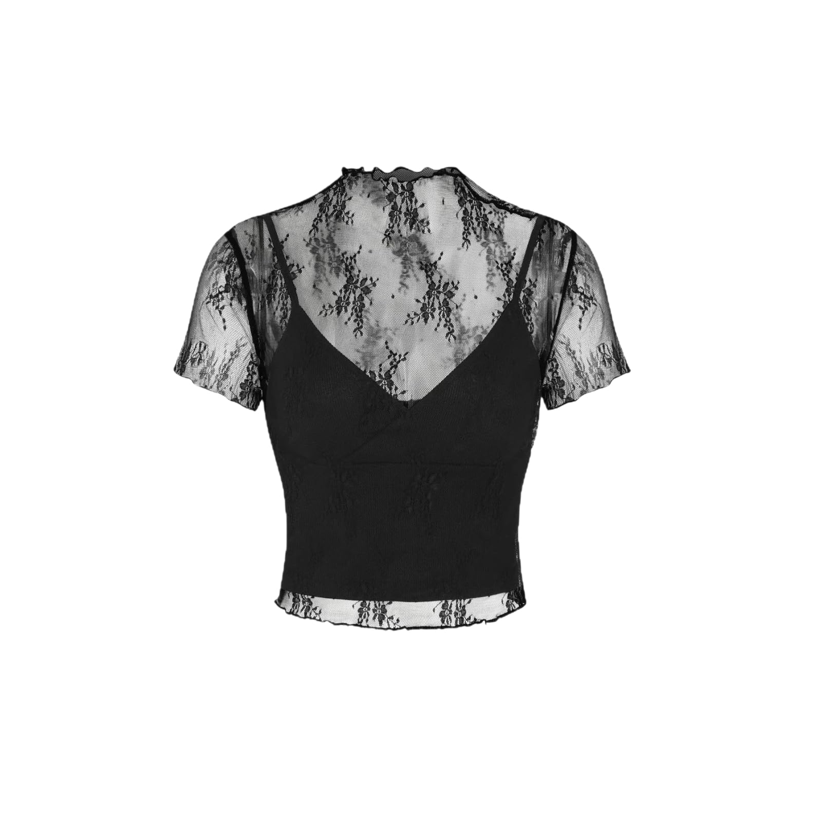 Top Corto Encaje Transparente Mujer Cuello Alto Manga Corta