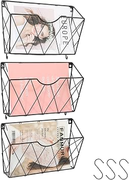 3 Pockets Wall File Organizer, Hanging File Organizer, File Holder, Durable Metal Mail Organizer with Hooks for Office Home, Wall Mount, Black