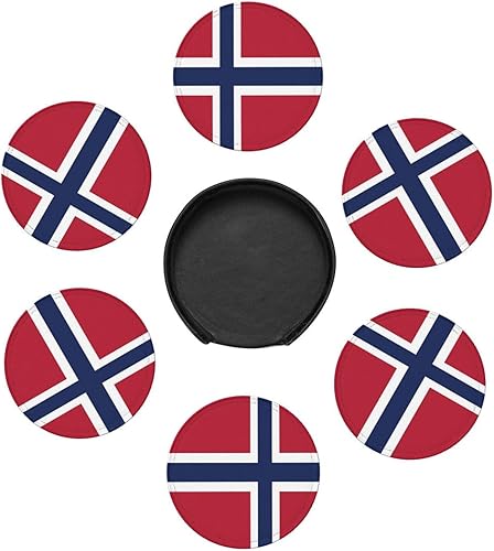 Miniatura 2 de Juego de posavasos de cuero con diseño de bandera de Noruega, 6 posavasos de cuero con soporte para decoración del hogar y oficina
