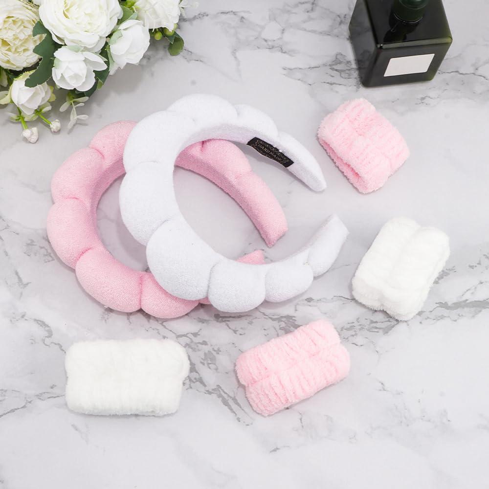 SPA Headbands for Washing Face Makeup Headbands with Bow Hair Band Women Facial Head Band Wrist Towel Wraps For Shower Face Mask Pink White, 6 Pack - Image 2