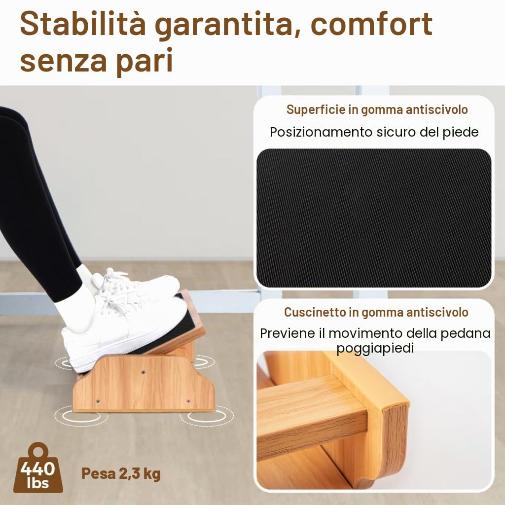 StrongTek Poggiapiedi in Legno Sottoscrivania Basculante 30° | Sgabello oscillante ergonomico con angolo di inclinazione di 30 gradi e superficie antiscivolo per casa e ufficio