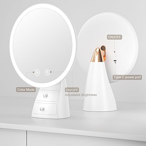 Miniatura 3 de KuflooQ Espejo de maquillaje iluminado con cajones pequeños, espejo de tocador redondo de 8.7 pulgadas, espejo de maquillaje con iluminación, 3