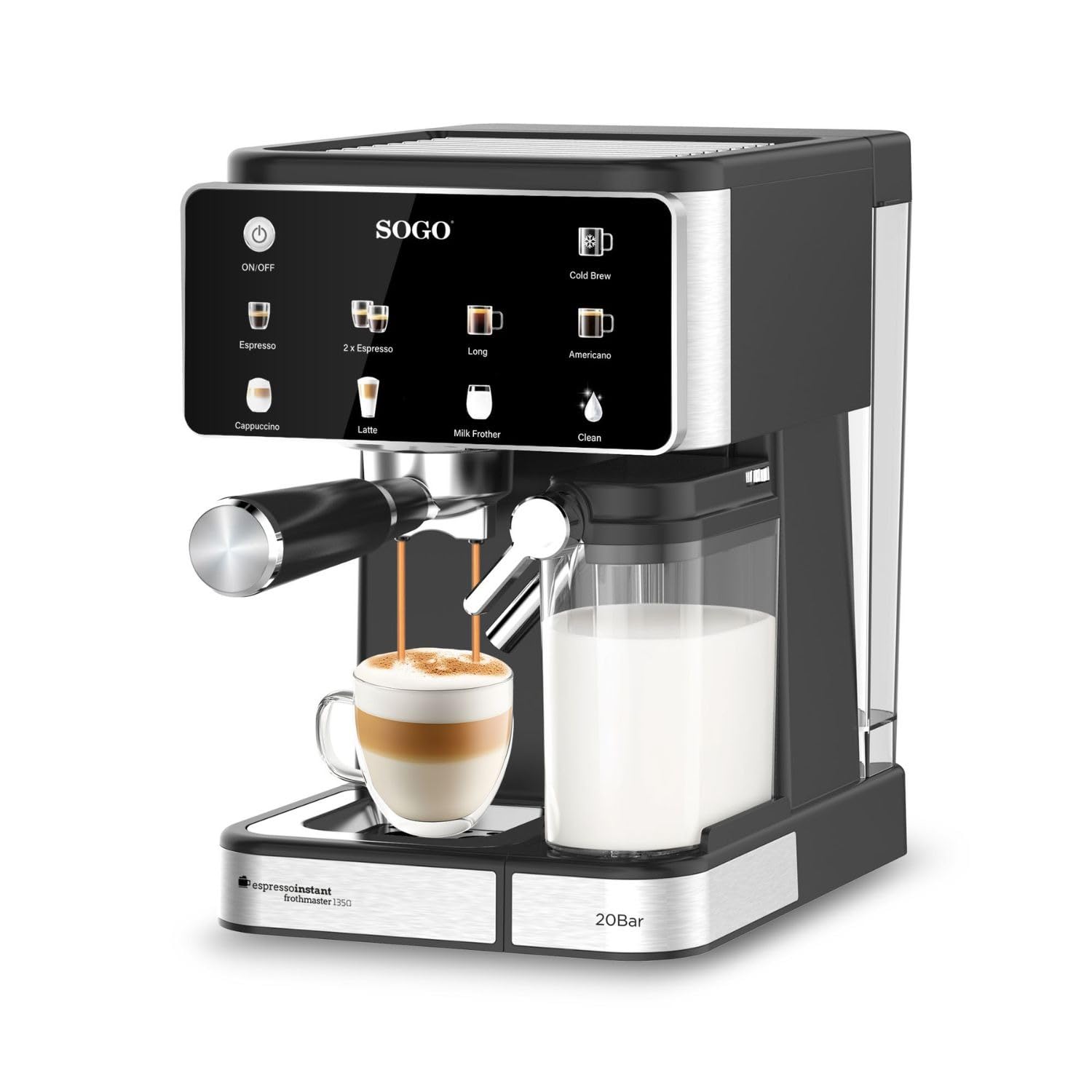 SOGO Cafetera Espresso 4 en 1 con Espumador de Leche y Panel Táctil – 20 Bar, Compatible Nespresso® y Café Molido, Depósito 1.5 L, 1350 W, Negro