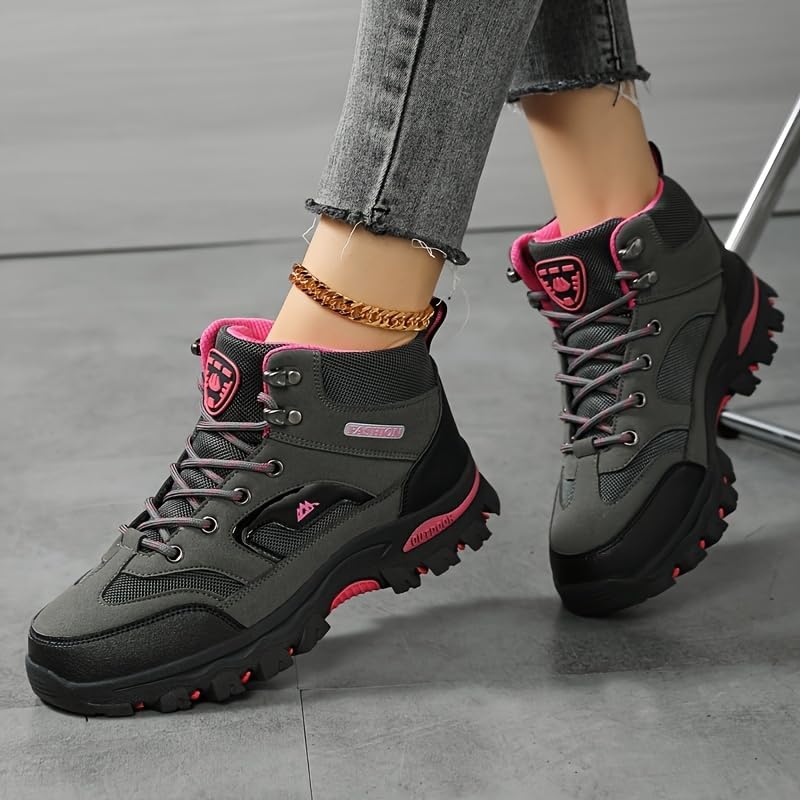 Women's Versatile All-Season Hiking Boots - Breathable, Non-Slip Traction Sole, Lace-Up Outdoor Sports Shoes in Black & Pink with Rubber Sole for Trekking & Mountaineering