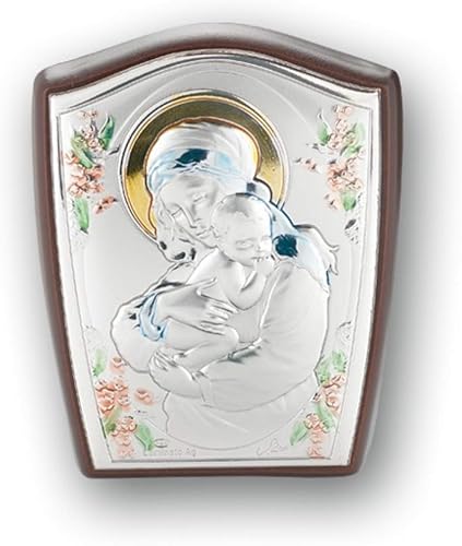 Placa de plata de ley Madonna y niño en madera, 3.0in