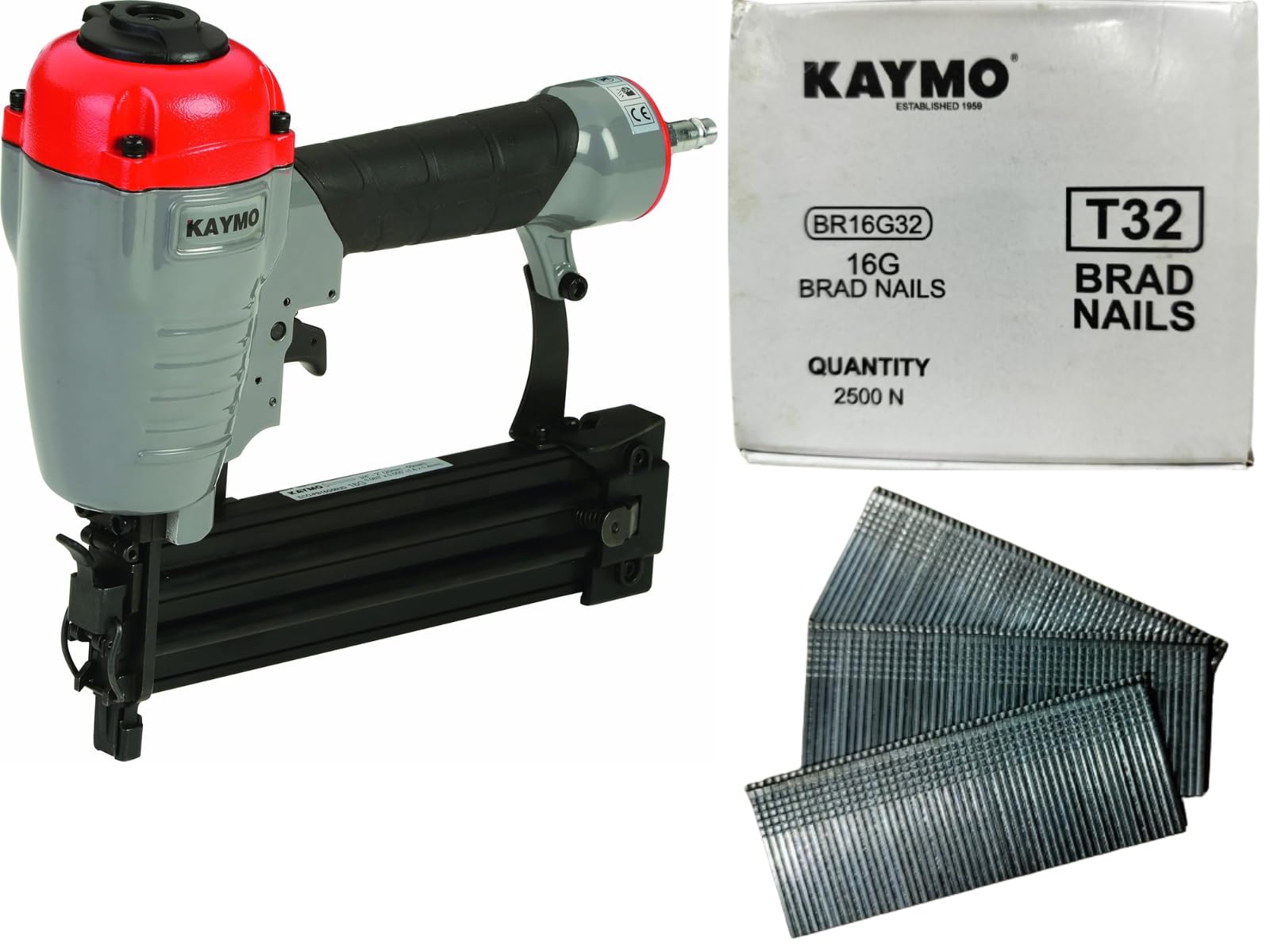Kaymo ECO-PB16G50UD Pneumatic Brad Nailer with T-32mm Brad Nails (2500 Pins) | 16 Gauge T Series | 2 Kg Heavy-Duty Tool | 360° Top Air Exhaust | Depth Adjustment | Unjamming Catch | Metal Magazine