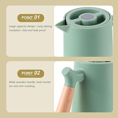 Miniatura 4 de Yardwe Jarra térmica, jarra de agua aislada, jarra térmica al vacío con forro de vidrio y mango de madera, para agua, té, café, bebidas calientes o