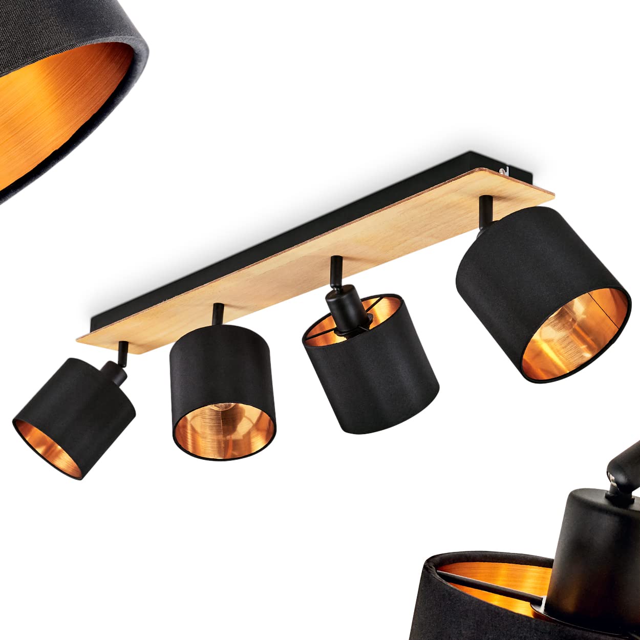 Alsen Ceiling lamp, Modern Ceiling lamp Made of Wood/Metal/Fabric in Natural/Black/Copper Colours, Scandinavian Design lamp with Adjustable lampshades, 4-Flame, 4 x E14, Without Bulbs