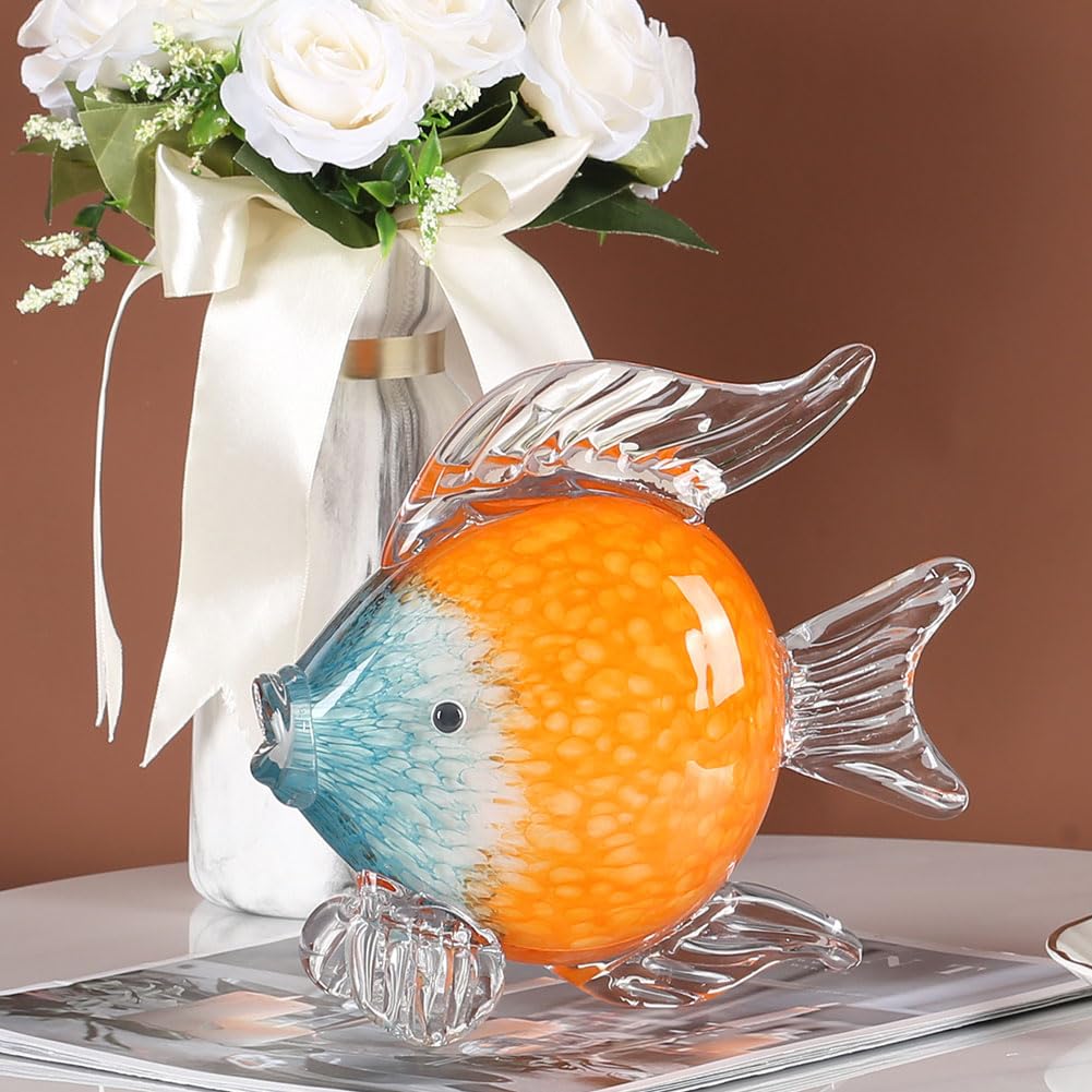 QIANLING Estatuas y escultura de peces de vidrio soplado a mano (A) (pez azul y naranja)