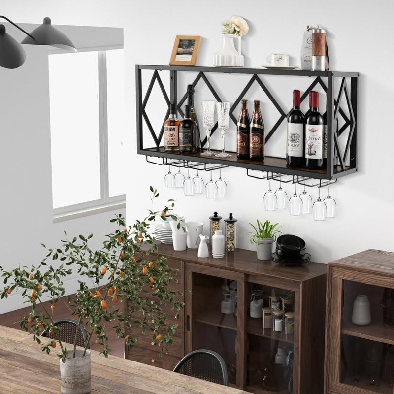 Fine Wood HUB Metal Wall Mounted Wine Rack, Bar Cabinet for Home | Wall Mounted Black Wine Rack with Storage (Black)