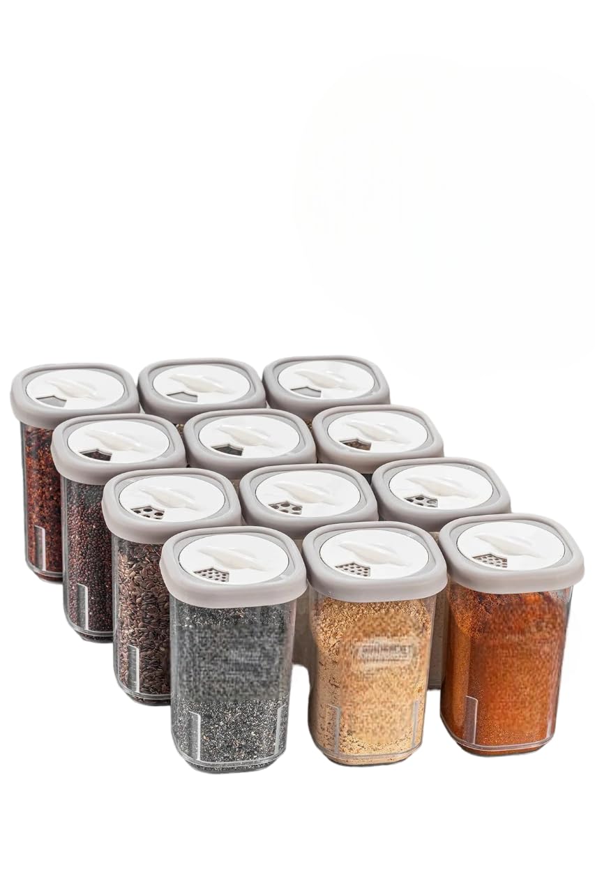 12 pieces Jar Set Food And Spices Storage Container, Food Storage, Box, Jars with Lids, Home, Kitchen, Tea, Sugar, Salt, 12 pieces/ 350 ml (Beige) Rotating Lid