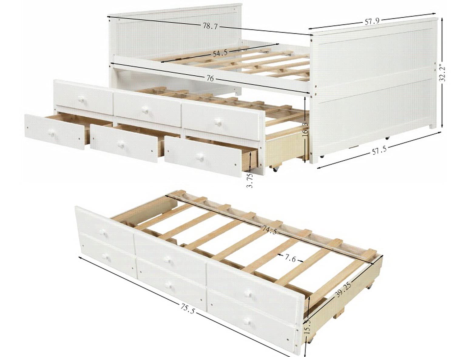 Buy Full Size Captains Bed with Trundle and Drawers, Solid Wood