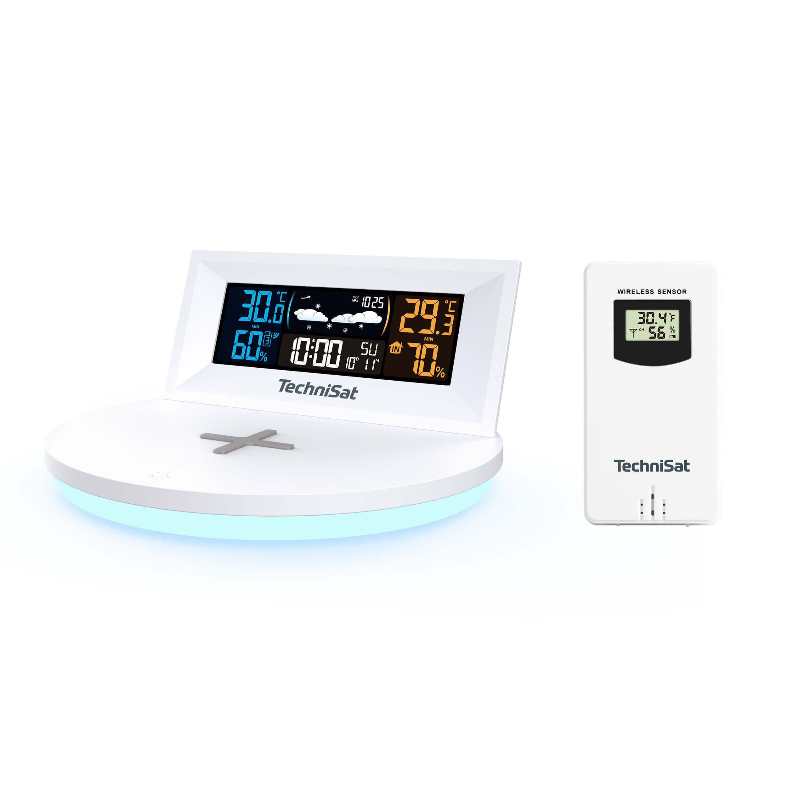TechniSat IMETEO Q1- Wetterstation mit Außensensor (Messung von Temperatur, Luftfeuchtigkeit, Druck, Wireless Charging, LED Stimmungslicht, Alarm und Snooze-Funktion, USB oder Batteriebetrieb) weiß