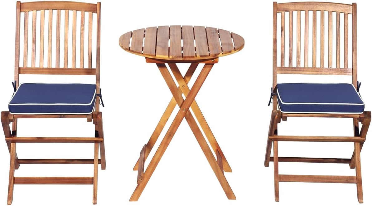 DORTALA Folding Outdoor Bistro Set 3 Piece, Garden Table and Chairs Set with Acacia Wood Frame, Cushion, Small Patio Furniture Set for Balcony, Porch, Backyard, Deck (Natural & Navy)