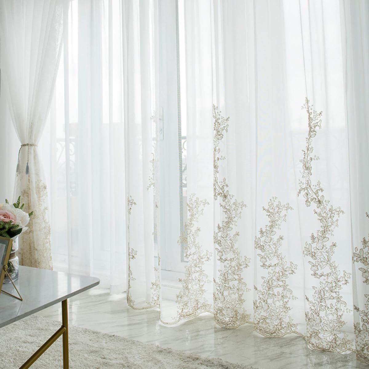 Rideaux en Tulle de Luxe brodés pour Salon Chambre à Coucher Rideau de fenêtre Transparent en Voile Floral pour Stores de Cuisine Rideaux-crème, Taille personnalisée 1pc, 1.Rings Top