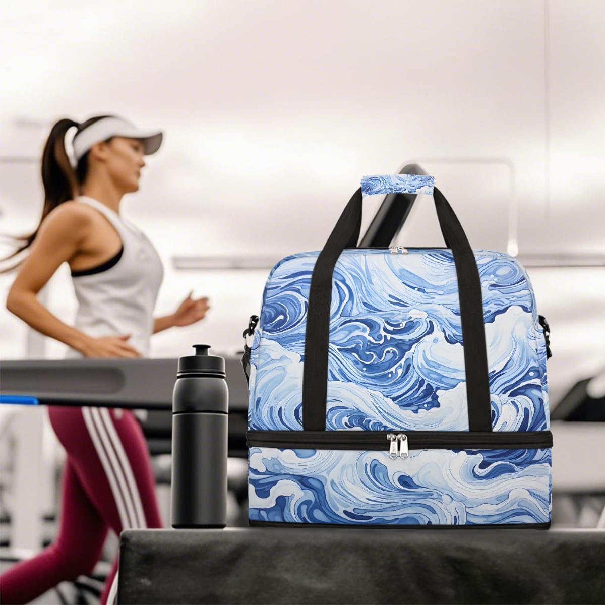 Borsone da viaggio pieghevole con motivo astratto a onde oceaniche, borsa da palestra espandibile con scomparto per scarpe, borsa da weekend di grande capacità, borsa da viaggio per sport, viaggi