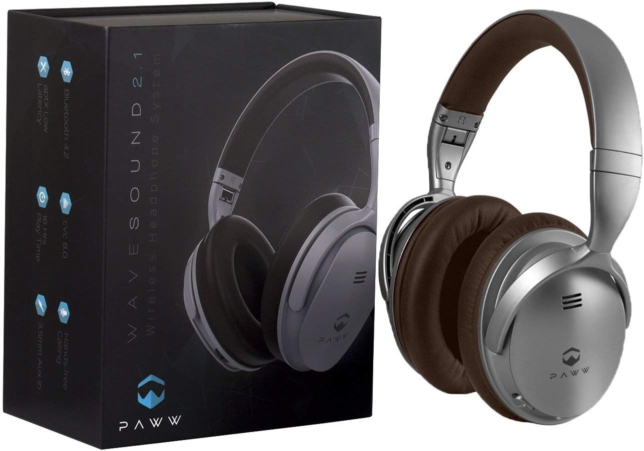 Paww WaveSound 2.1 Wireless Bluetooth Over-The-Ear Foldable Headphones - Headset with Mic, aptX Low Latency (34 ms) / Super-Fast Audio for PC Gaming, TV, Wired Mode / 16-Hour Playtime (Silver/Brown)