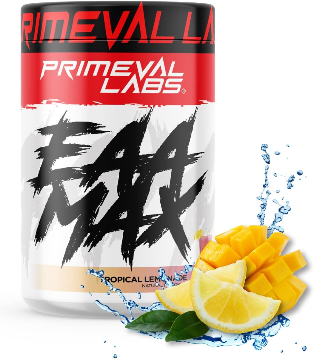 Primeval Labs EAA Max, BCAA Perfect Amino Acid Powder - Pre or Post Workout Muscle Recovery - BCAAs, EAAs, Electrolytes, Supports Hydration & Performance, Keto Friendly, Tropical Lemonade 30 Servings