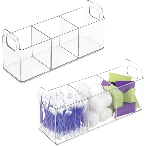 mDesign Plastic 3-Compartment Bathroom Organizer Storage Bin - Divided Makeup Caddy and Hair/Beauty Product Holder Tray - Perfect for Vanity, Counter, and Cabinet - Lumiere Collection, 2 Pack, Clear
