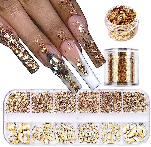 VOTACOS Nail Art Rhinestones Flatback Rhinestones Gold Nail Charms Multi Shapes Crystal Nail Art Supplies Mixed Nail Glitter Gold Foil Design Nail Gems Nail Accessories for Women Nail Decorations.