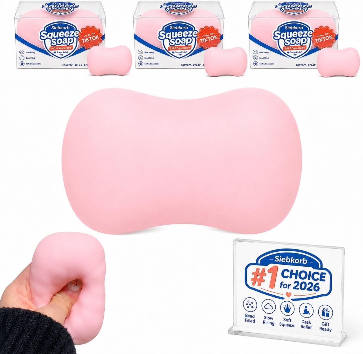 Crunchy Squishy Asmr Stress Ball, Realistic Handmade Bar Shape Bead Filled Crunchy Squishies Stress Ball, Cute Squeeze Sensory Fidget for Adults Office Anxiety Relief (Pink Soap)