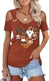 Women's Fall Halloween Thanksgiving Shirt Funny Hollow Out Sweet O Ring Shoulder Short Sleeve Family Matching Party Top