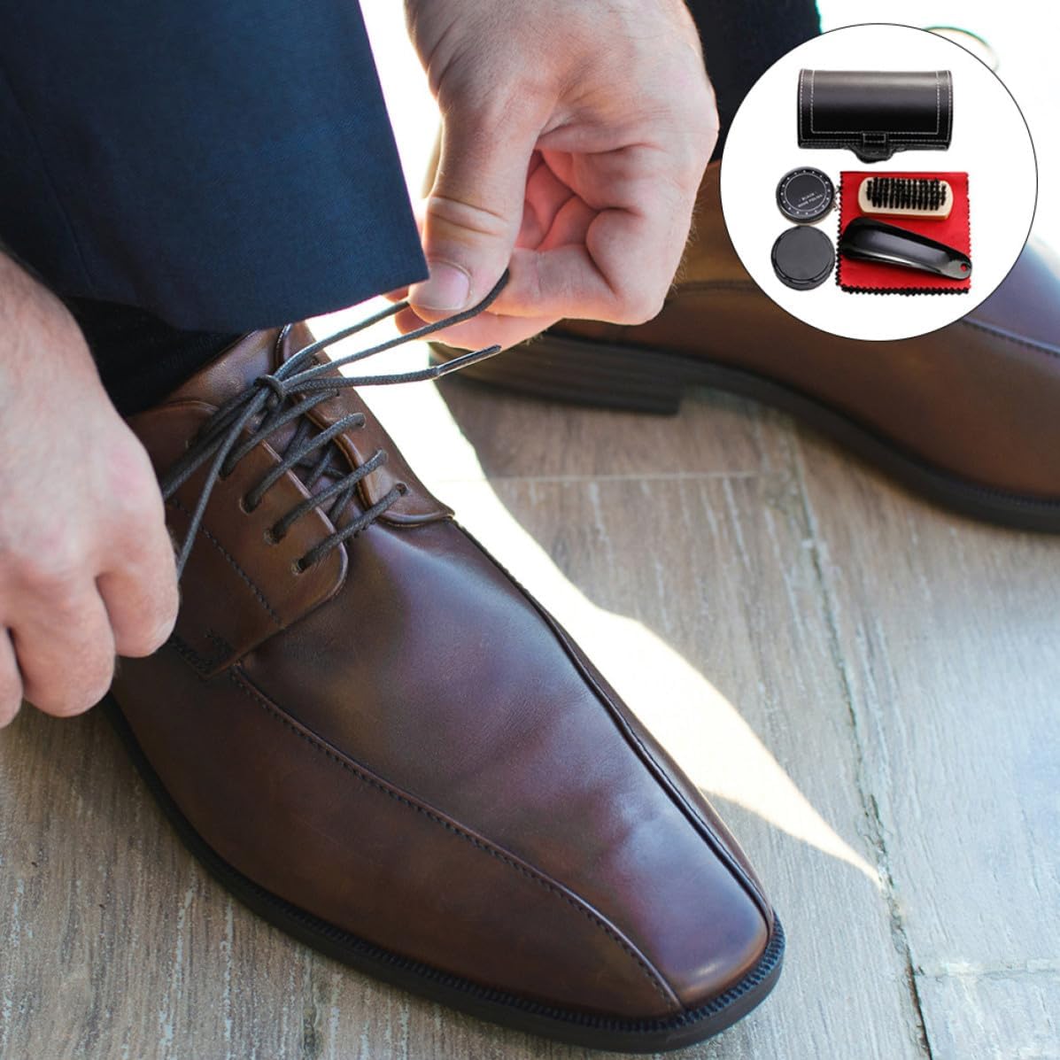 Compact Shoe Shine Care Kit with Shoe Polish Sponge Polisher Wood Handle Brush and Cloth for Travelling and Special Occasion