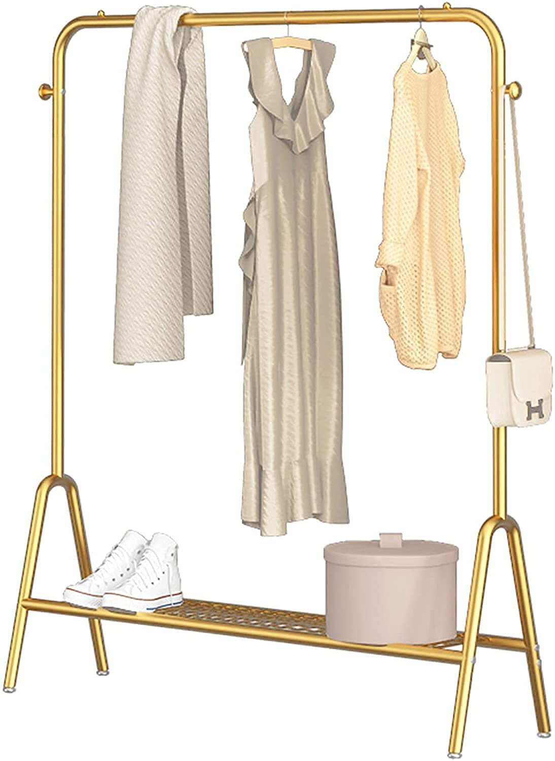 Schwerlast-Kleiderständer，Hochleistungs-Kleiderstange, Einpoliger, bodenstehender Kleiderständer aus Schmiedeeisen, mit 2 Haken und unterem Gestell, Schlafzimmergarderobe,Golden,100 cm,Golden,100 cm