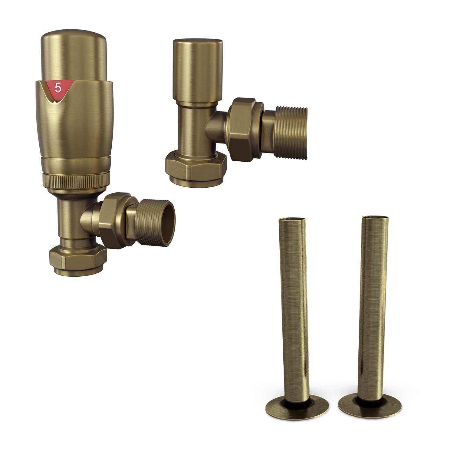 UK Radiators Thermostatic Radiator Valve + 130mm Pipe Sleeves - Energy Saving 1/2" x 15mm Brass Angled Valve - Antique Brass Colour
