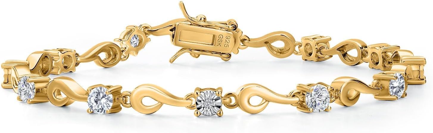 Gem Stone King 18K Yellow Gold Plated Silver Moissanite and White Lab Grown Diamond Bracelet For Women (2.25 Cttw, Gemstone Birthstone, Round 4MM, 7.5 Inch)