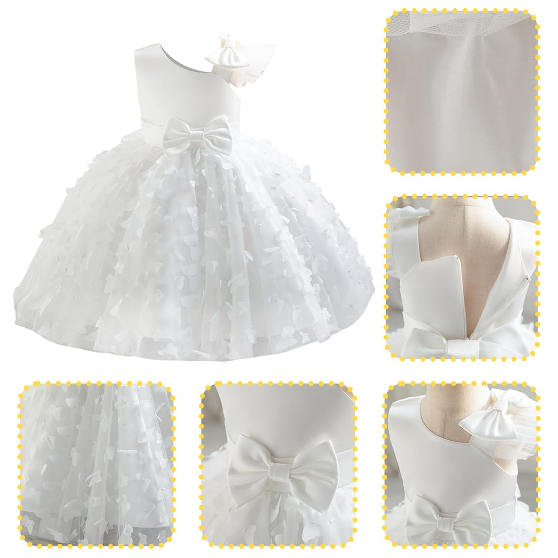 OMEWEE Robe de Baptême Bébé Fille Fleur Brodée Nœud Princesse en Tulle Fille Celebration Papillon Fleur Mariage Soirée Dress