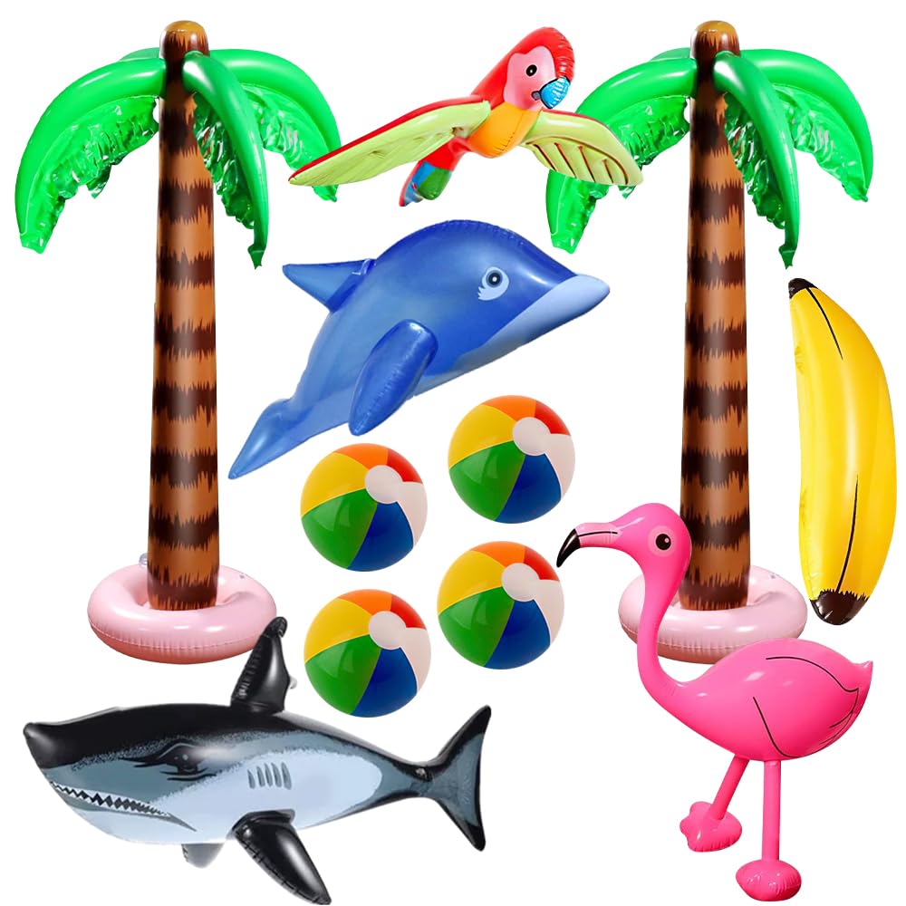 Lotvic 11 Pcs Inflatable Palm Tree Flamingo Parrot Dolphin Shark Banana Beach Balls, Summer Hawaiian Party Toys Set, Inflatable Pool Toys for Hawaiian Party Luau Party Decorations Backdrop
