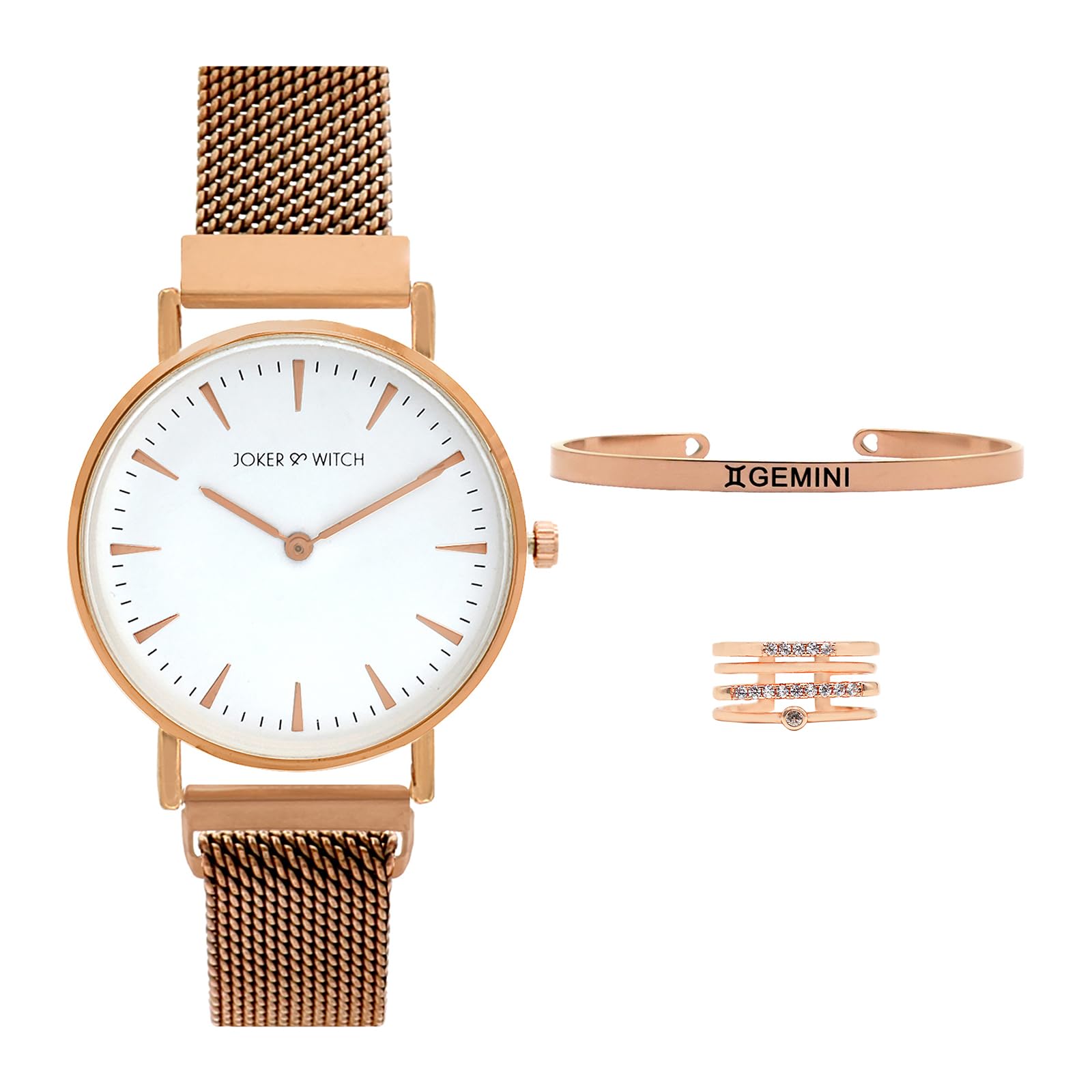 Joker & Witch Stainless Steel Women Melting Heart Gemini Love Triangle Analogue Watch, White Dial, Rose Gold Band