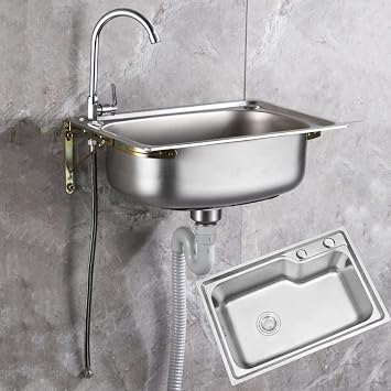 Wall Mount Hand Basin, Stainless Steel Sink, Single Bowl Kitchen Sink, Handwashing Station Garden Sink, Outdoor Sink with Drainboard for Laundry, Restaurant, Kitchen, Bar, Cafeteri