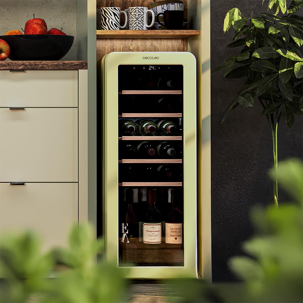 Cecotec Cantinetta 24 Bottiglie Retrò Bolero Grandsommelier Origin 24 Hit Green. Finitura Verde Controllo Led, Temp. 5-20ºC, NoFrost, Ripiani In Legno, Luce Interna, Ventilazione