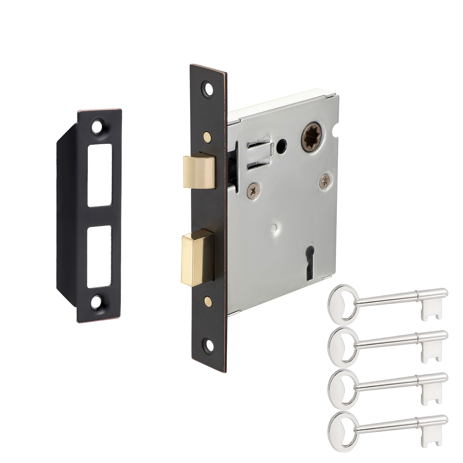 old mortise lock replacement parts - vintage style indoor mortise lock assembly kit with antique skeleton keys and reversible latch bolt, oil rubbed bronze plated finish