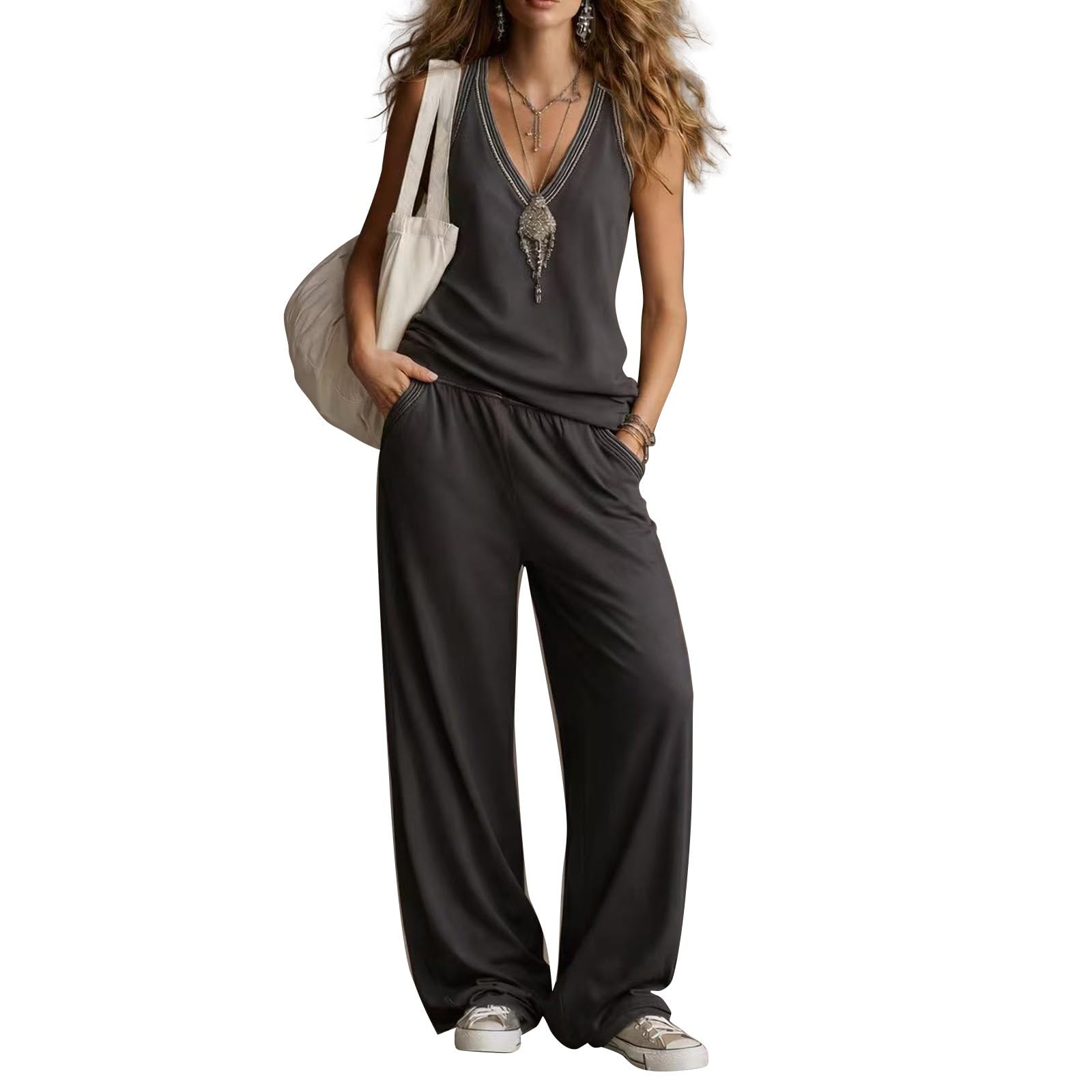 Conjunto Mujer Verano 2 Piezas Moda Traje de Ligero Chndal Ropa Descanso Respirable Playa Chndales para Salir Vacaciones Cmodoropa de Verano mujerTejido