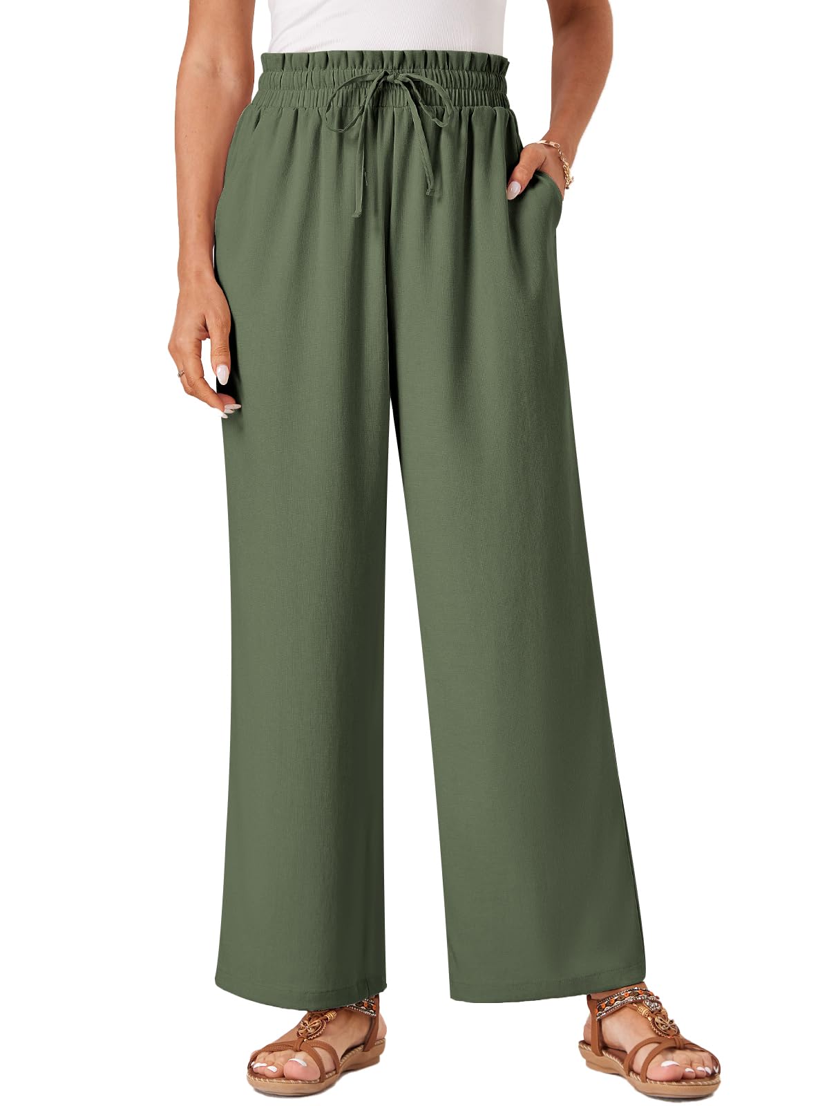 Glacspyg Damen Hosen Casual Flowy Wide Leg Freizeithose High Waisted Kordelzug Palazzo Hosen mit Taschen