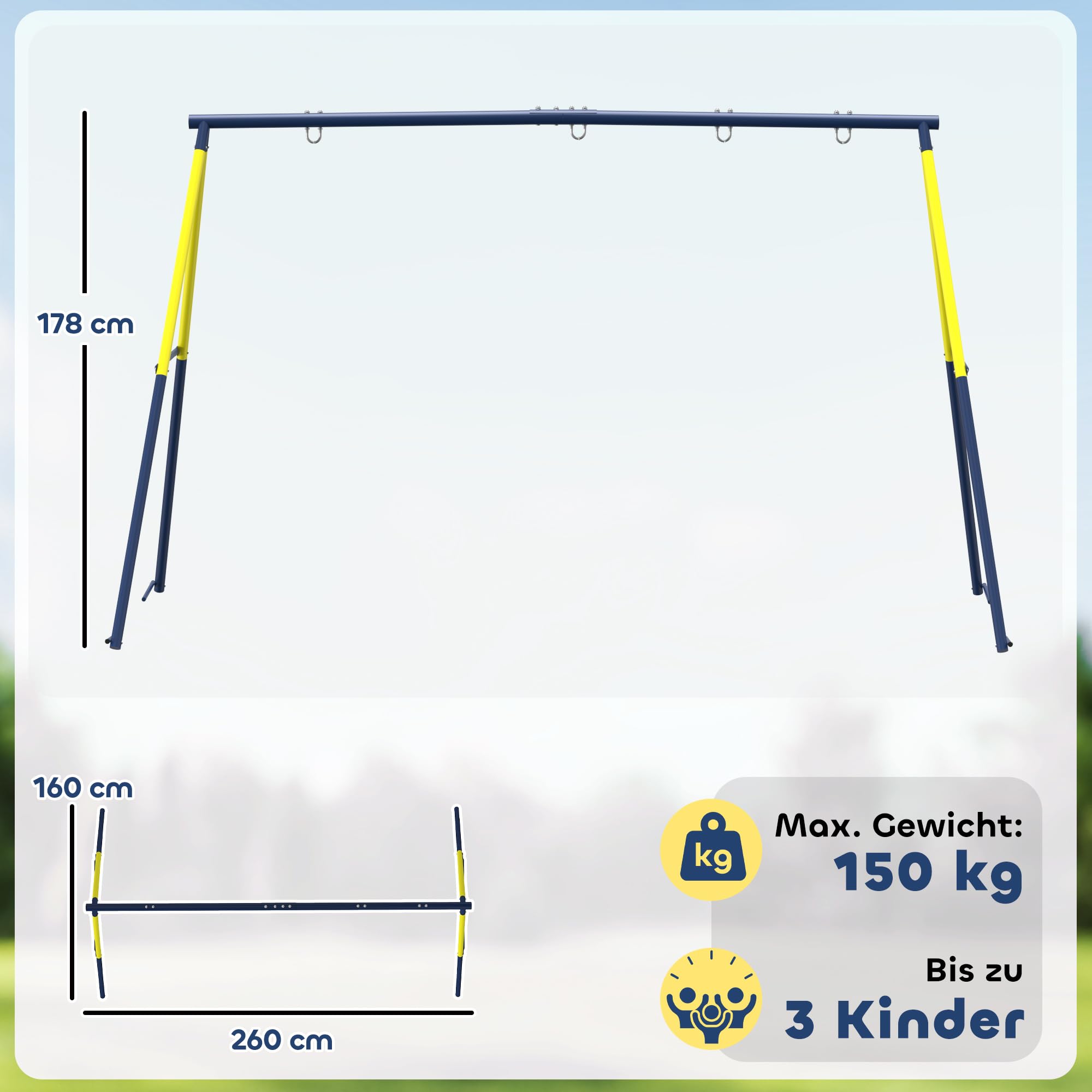 AIYAPLAY Huśtawka metalowa do 150 kg, huśtawka dla dzieci z ramą w kształcie litery A, idealna do ogrodu, 260 x 160 x 178 cm, niebieska