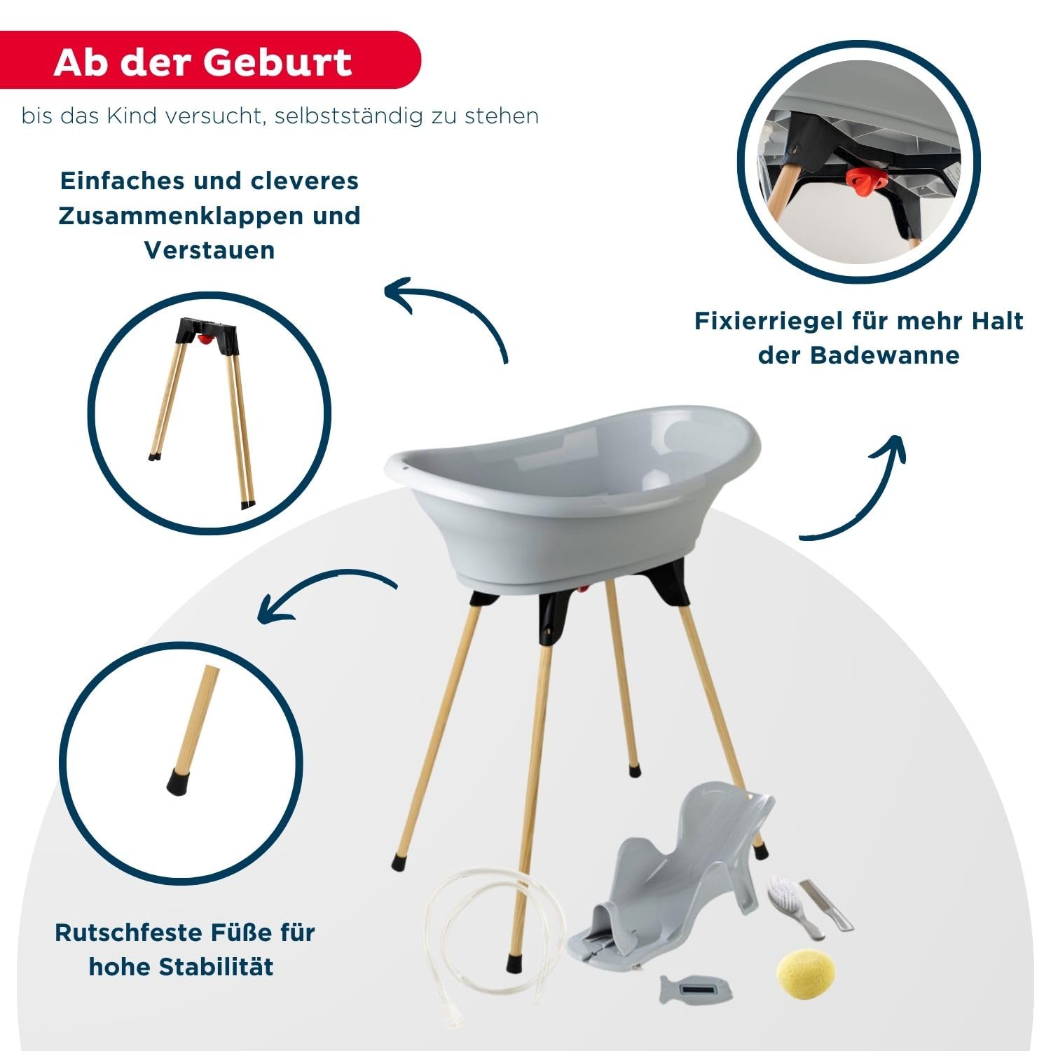 Thermobaby - VASCO 7-in-1-Babybadepaket - Badewanne, Holzfuß, Abflusschlauch, Badeliege, Thermometer -Bürste, Kamm, Schwamm - Zusammenklappbar & Stabil - Grau Charme