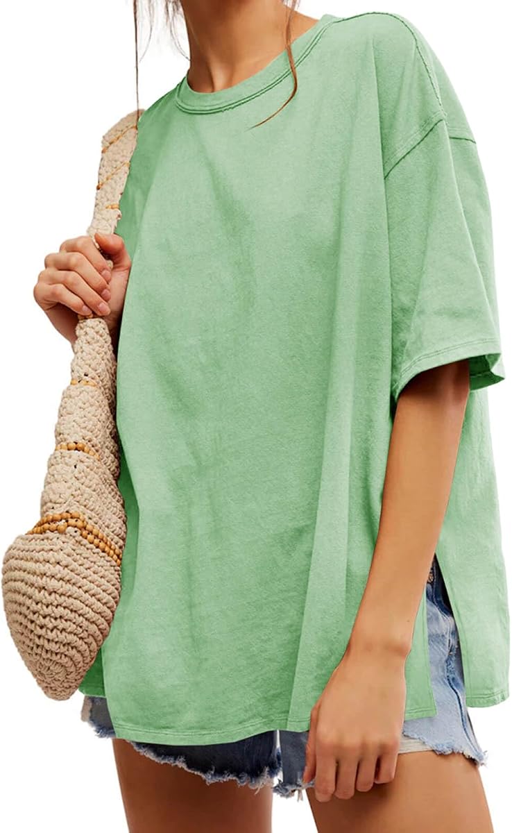 Tankaneo Camisetas de gran tamaño para mujer Camisetas holgadas de manga corta informales de verano | Holgado, Cuadrado, Cuello Redondo, Camisa Fluida, Abertura Lateral, Color Sólido, A Rayas, Estampado De Leopardo, Lindo, Salir